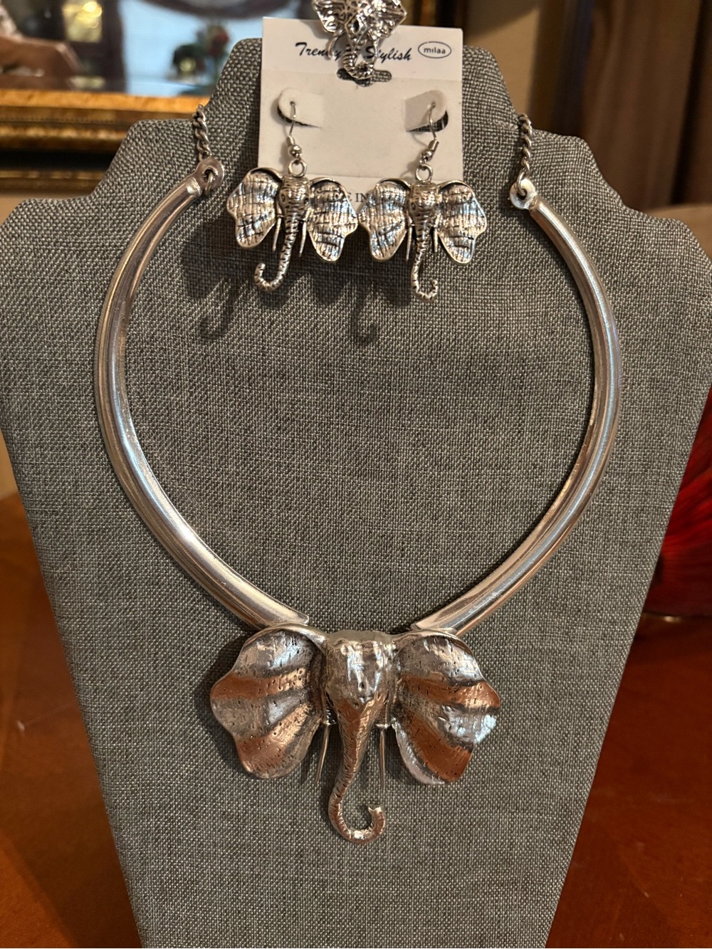 Silver Elephant Statement Necklace and Earring Set